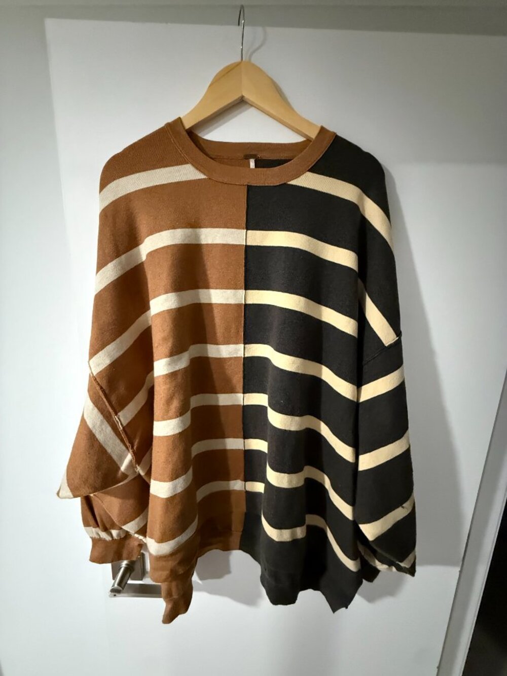 Free People Uptown Stripe Sweatshirt SPICED OATMEAL COMBO, Size Medium - Picture 3 of 6
